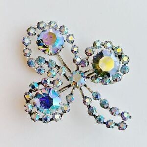 Vintage Signed Triad Blue Rhinestone Clover Brooch​